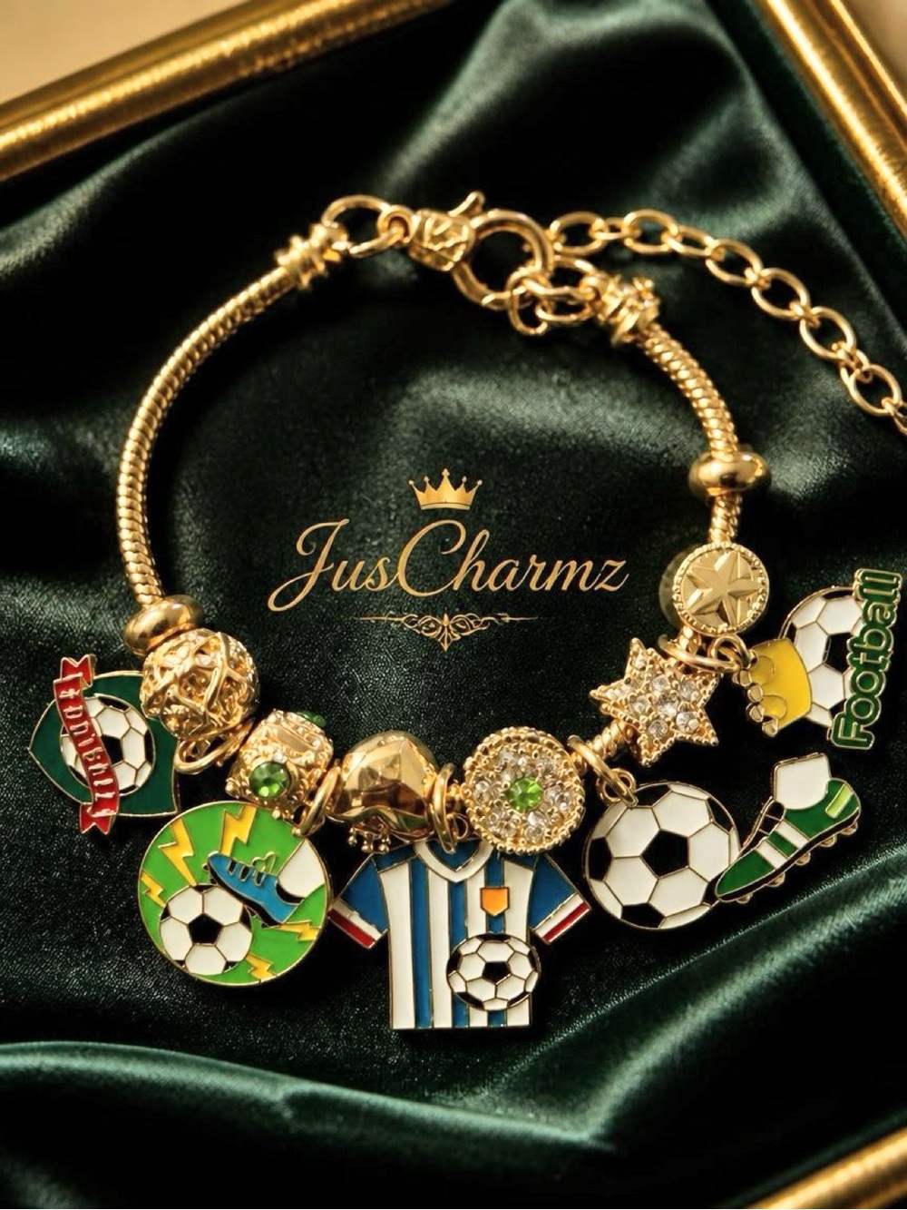 Gold-Tone Football Charm Bracelet - Green & White Accents